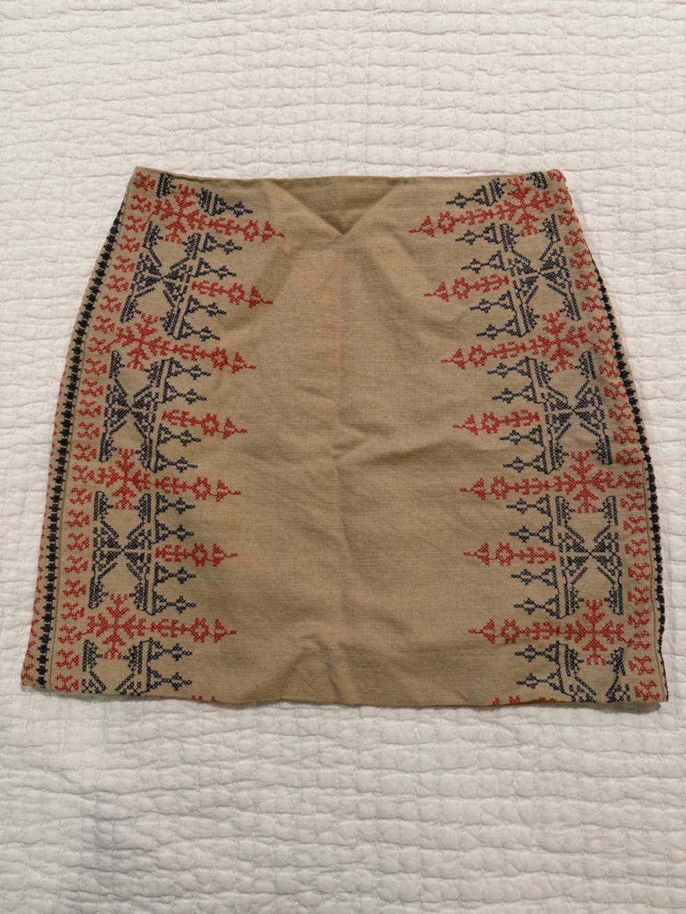 LOFT Beige Linen Skirt with Red & Black Embroidered Trim